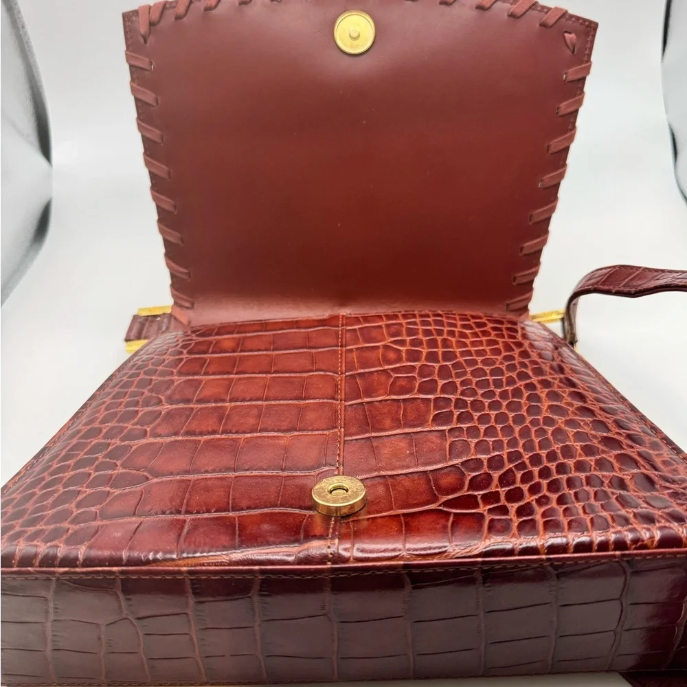 YSL Croc Embossed Whipstitch Baguette Shoulder Bag Cognac Gold Hardware - Picture 8 of 12